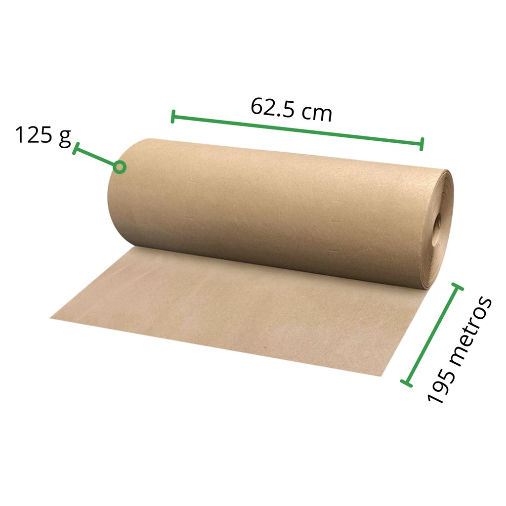 Papel Kraft rollo 62.5 cm de ancho x 195 metros de largo x Cal 125 g - Peso 15 Kg